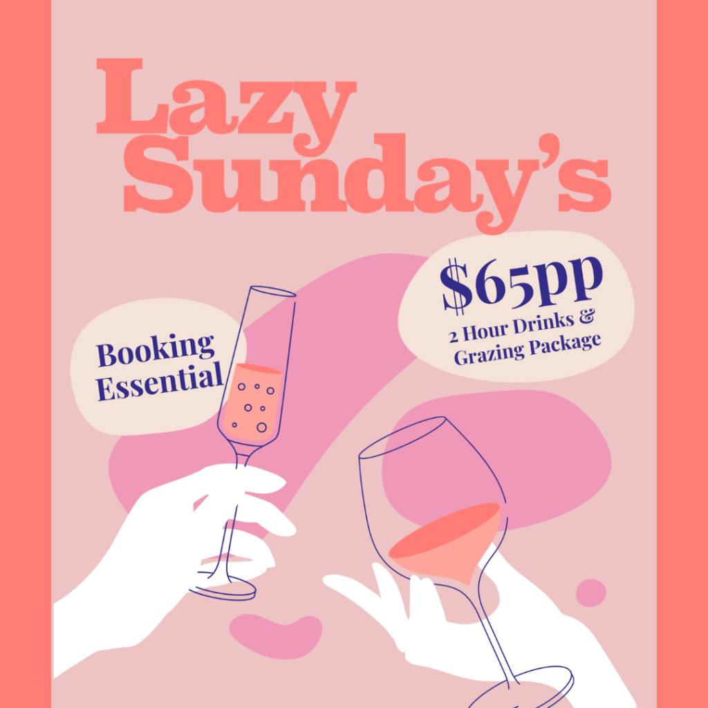 Poster promoting Lazy Sunday's at City Winery. $65 for a 2 hour drinks package with grazing selection designed to share. Image shows a hand holding a glass of champagne and another hand holding a glass of wine.